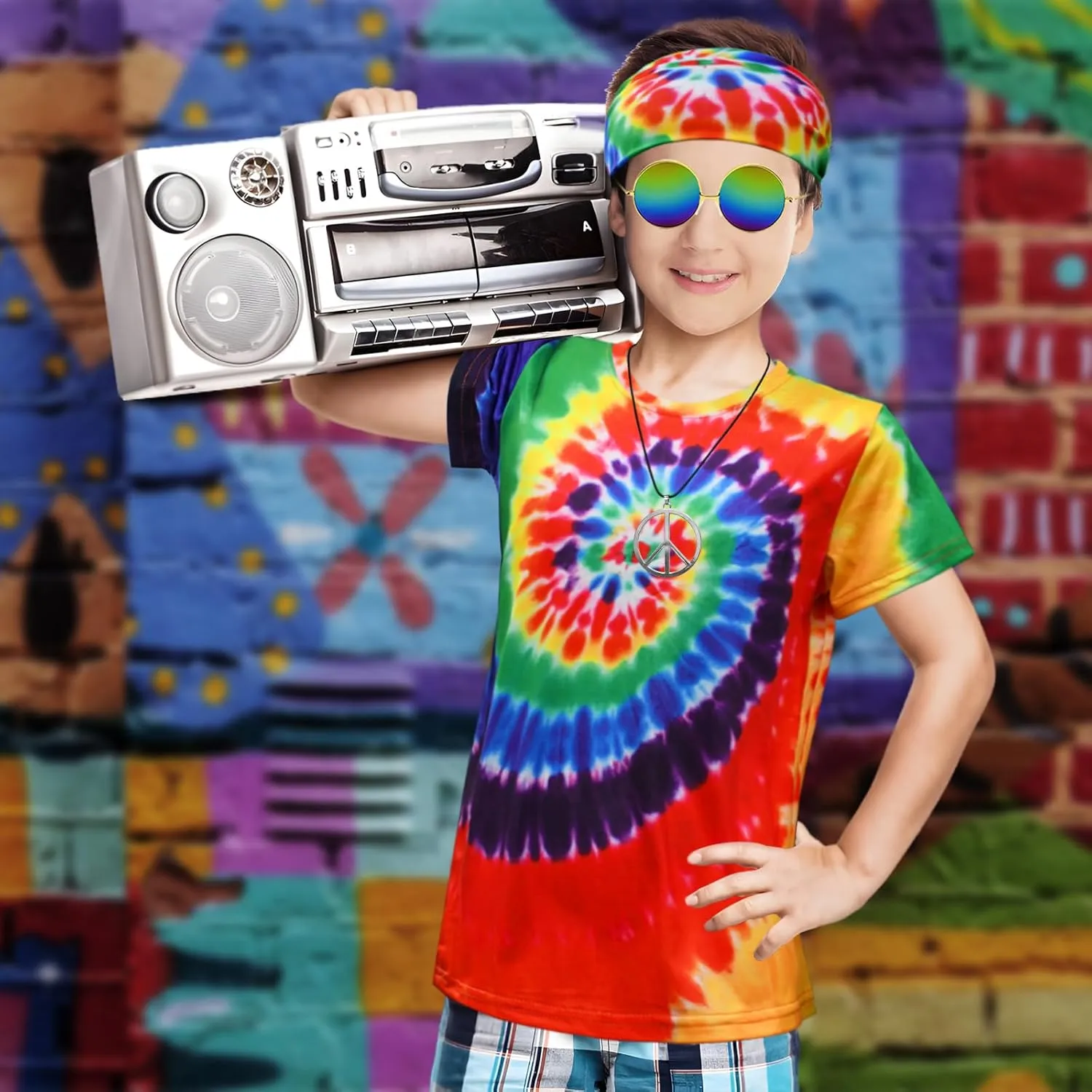 Boys Hippie Costume 60S 70s Colorful Tie Dye T-Shirt 4Pcs Accessories Set for kids Halloween Party Cosplay