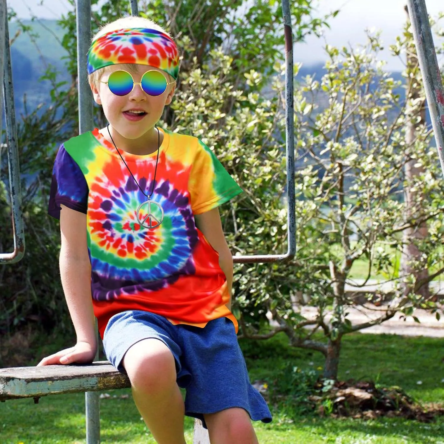 Boys Hippie Costume 60S 70s Colorful Tie Dye T-Shirt 4Pcs Accessories Set for kids Halloween Party Cosplay