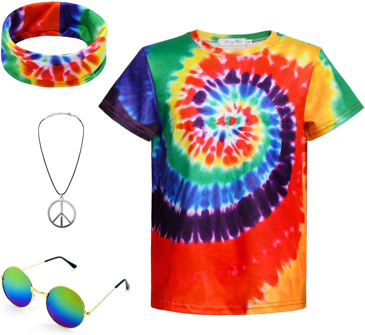 Boys Hippie Costume 60S 70s Colorful Tie Dye T-Shirt 4Pcs Accessories Set for kids Halloween Party Cosplay