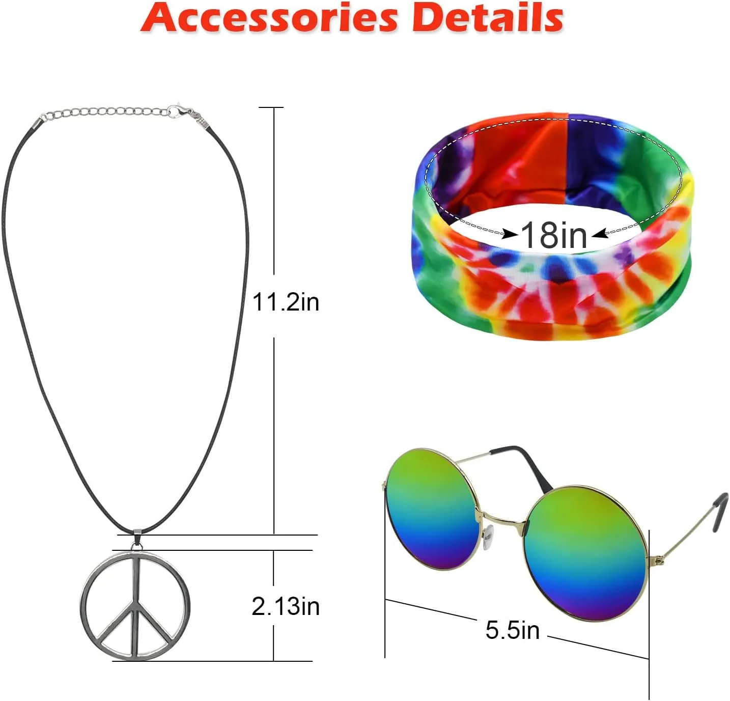 Boys Hippie Costume 60S 70s Colorful Tie Dye T-Shirt 4Pcs Accessories Set for kids Halloween Party Cosplay