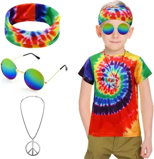 Boys Hippie Costume 60S 70s Colorful Tie Dye T-Shirt 4Pcs Accessories Set for kids Halloween Party Cosplay