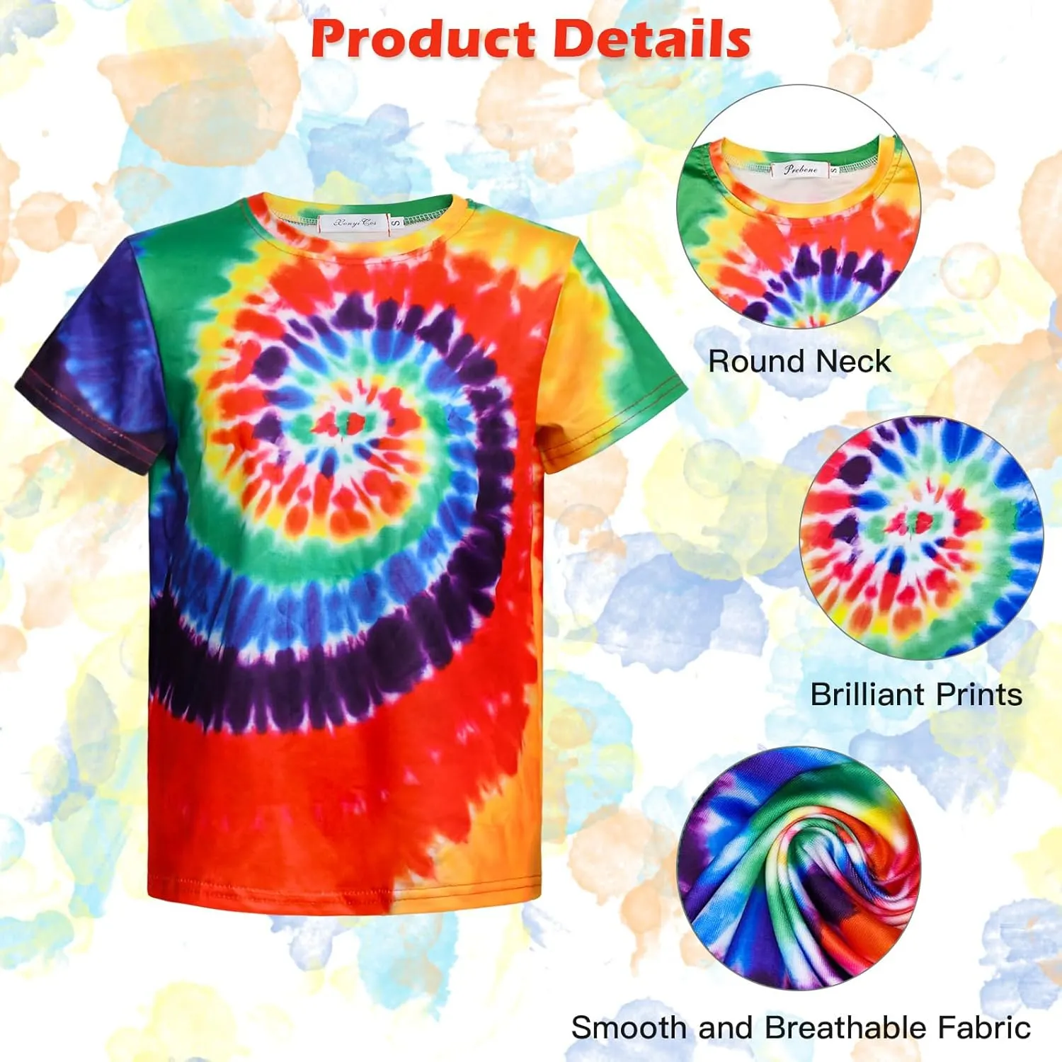 Boys Hippie Costume 60S 70s Colorful Tie Dye T-Shirt 4Pcs Accessories Set for kids Halloween Party Cosplay