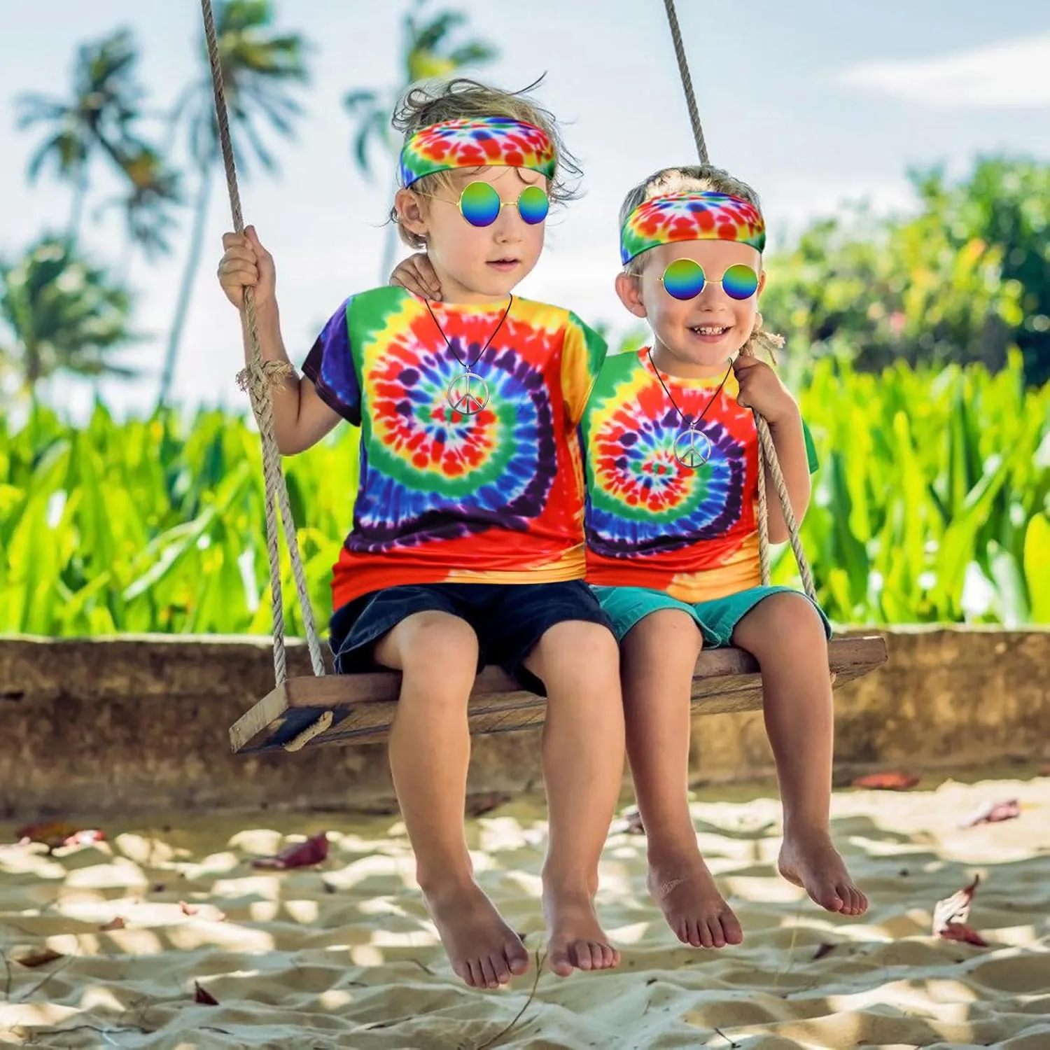 Boys Hippie Costume 60S 70s Colorful Tie Dye T-Shirt 4Pcs Accessories Set for kids Halloween Party Cosplay