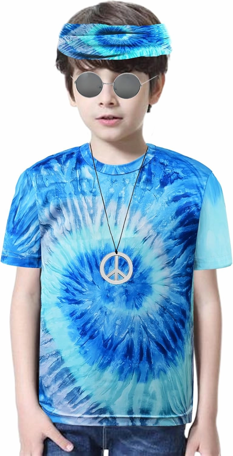 Boys 60s 70s Outfits 4 Pcs Hippie Costume Accessories Kids Colorful Tie Dye Tshirt for Theme Party