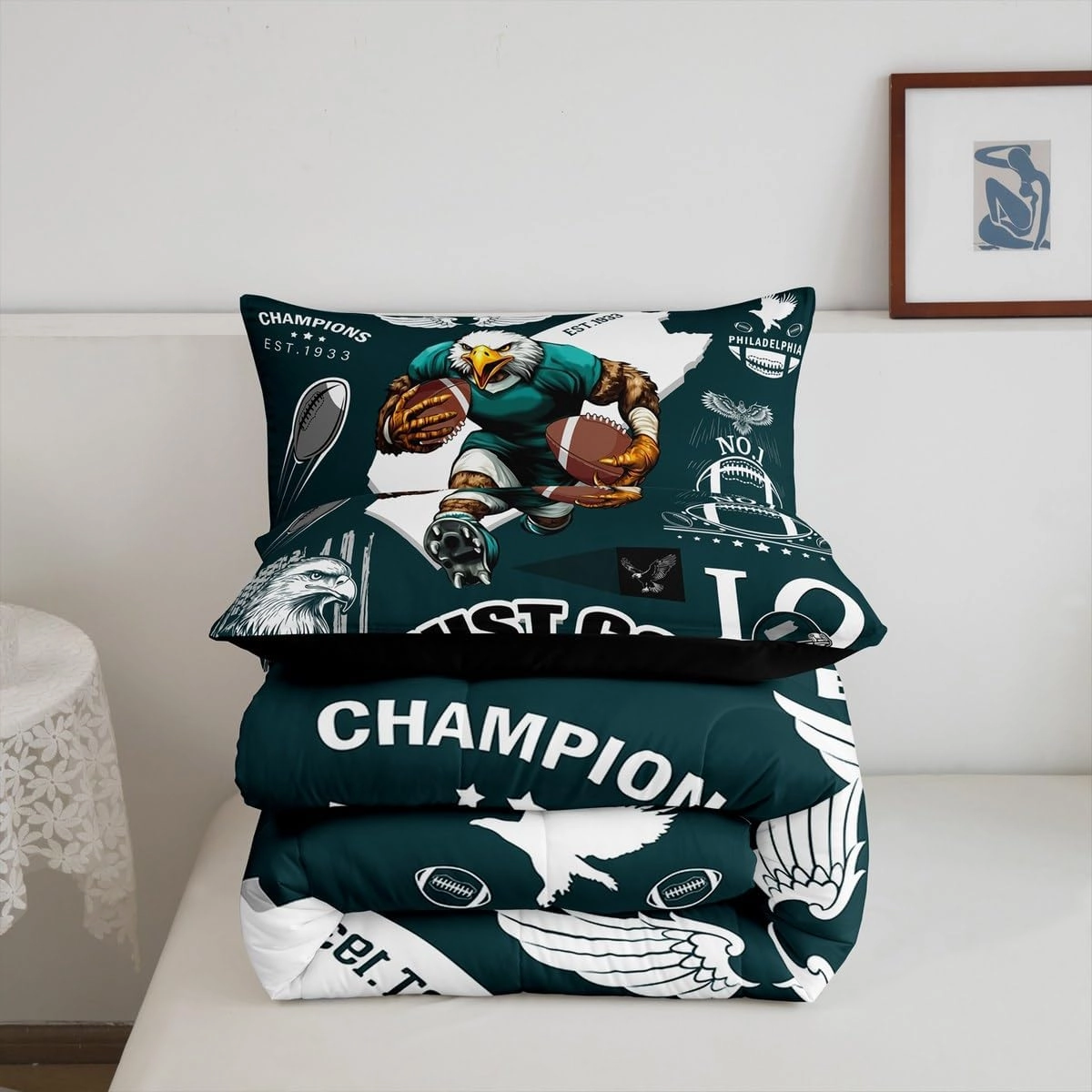 Boys Classic Football Team Comforter Set Sports City Rugby Game Bedding Sets, Eagle Bird Football Theme Duvet Insert Twin with 1 Pillowcase (Philadelphia)