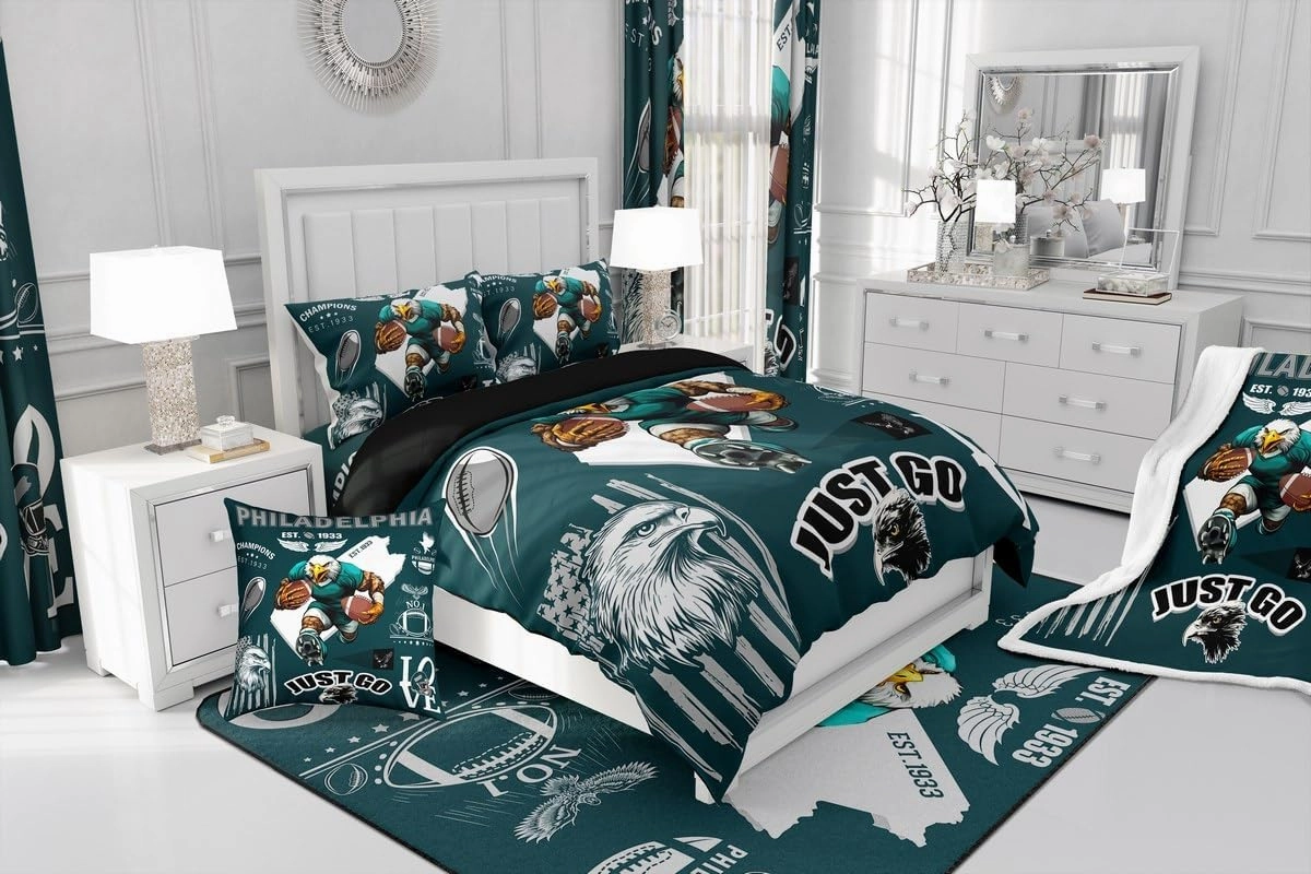 Boys Classic Football Team Comforter Set Sports City Rugby Game Bedding Sets, Eagle Bird Football Theme Duvet Insert Twin with 1 Pillowcase (Philadelphia)