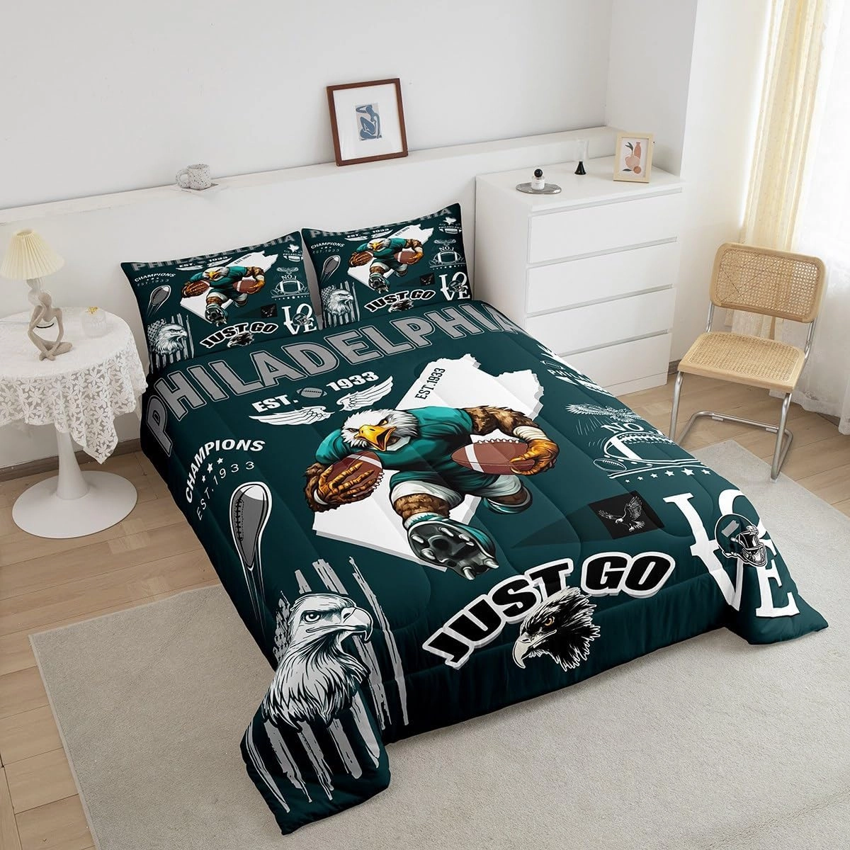 Boys Classic Football Team Comforter Set Sports City Rugby Game Bedding Sets, Eagle Bird Football Theme Duvet Insert Twin with 1 Pillowcase (Philadelphia)