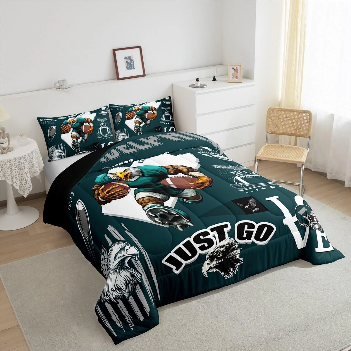Boys Classic Football Team Comforter Set Sports City Rugby Game Bedding Sets, Eagle Bird Football Theme Duvet Insert Twin with 1 Pillowcase (Philadelphia)