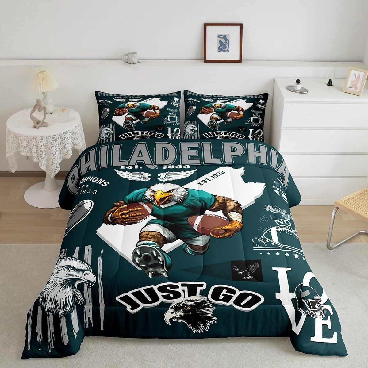 Boys Classic Football Team Comforter Set Sports City Rugby Game Bedding Sets, Eagle Bird Football Theme Duvet Insert Twin with 1 Pillowcase (Philadelphia)