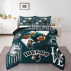 Boys Classic Football Team Comforter Set Sports City Rugby Game Bedding Sets, Eagle Bird Football Theme Duvet Insert Twin with 1 Pillowcase (Philadelphia)