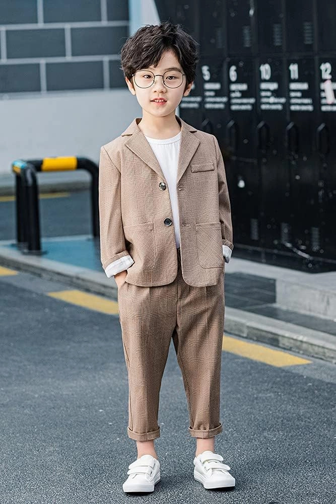 Boys Plaid Blazer Pants Set Casual Suit Classic Kids 2 Piece Sport Coats Outfits