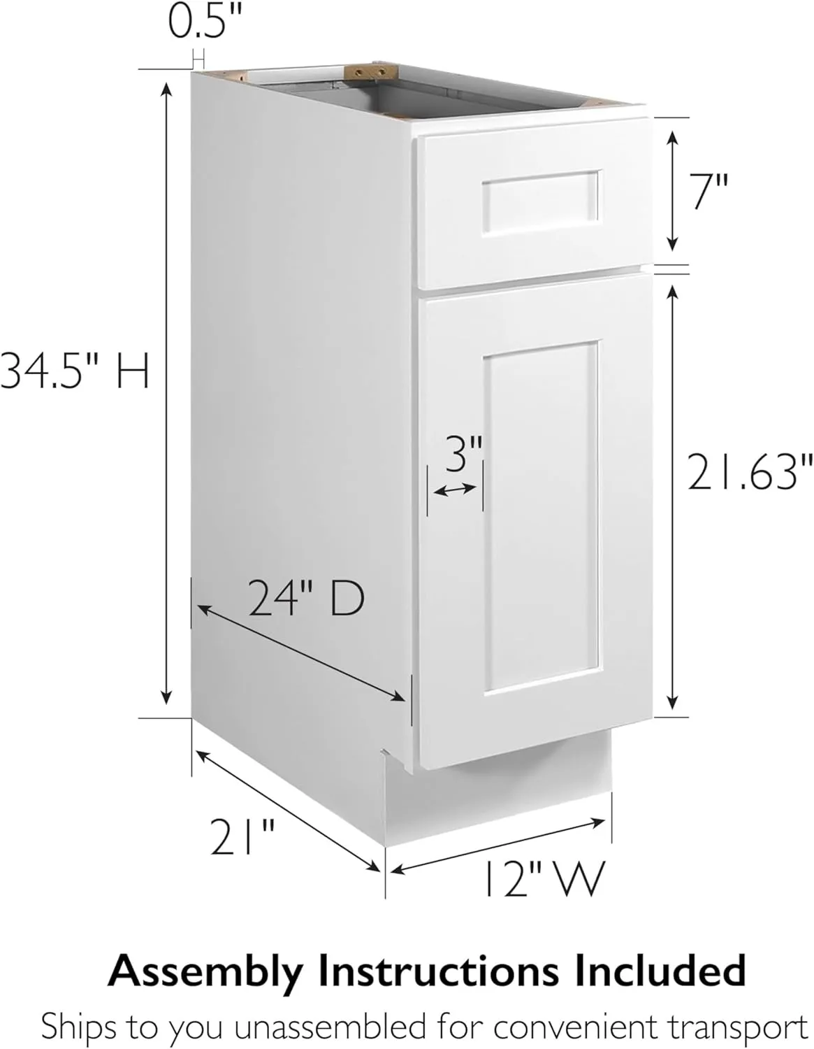 Brookings Shaker Unassembled Base Kitchen Cabinet B12, 12 W x 24 D x 34.5 H, Painted White with Sherwin Williams®, Solid Wood – Design House, 561324