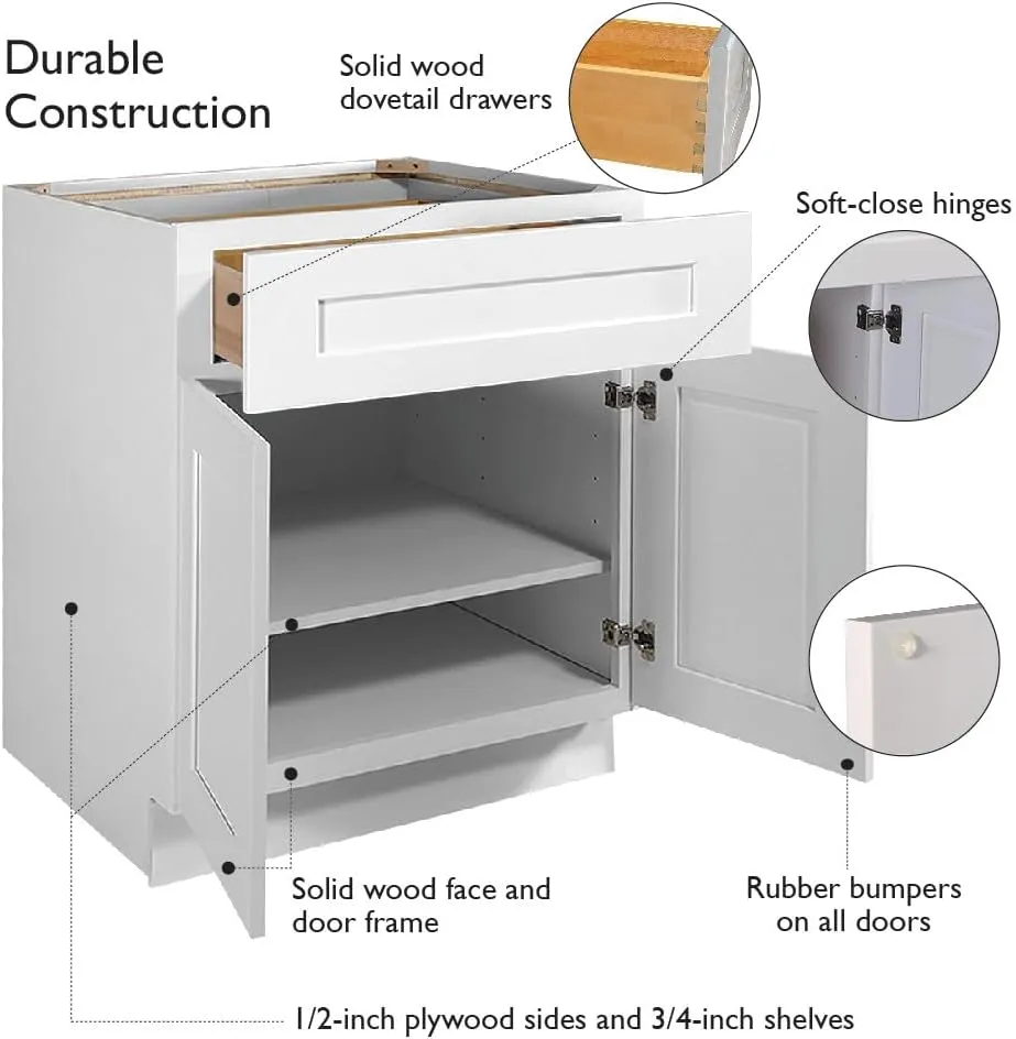 Brookings Shaker Unassembled Base Kitchen Cabinet B12, 12 W x 24 D x 34.5 H, Painted White with Sherwin Williams®, Solid Wood – Design House, 561324