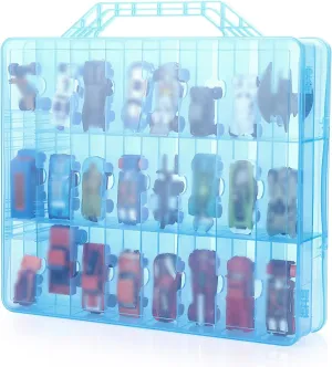 BTSKY Double Sided Toy Storage Organizer with 48 Compartments, Toy Organizer Carrying Case for Hot Wheels Car, Matchbox Cars, Mini Toys, Small Dolls, and more Mini Cars Collection(Blue)