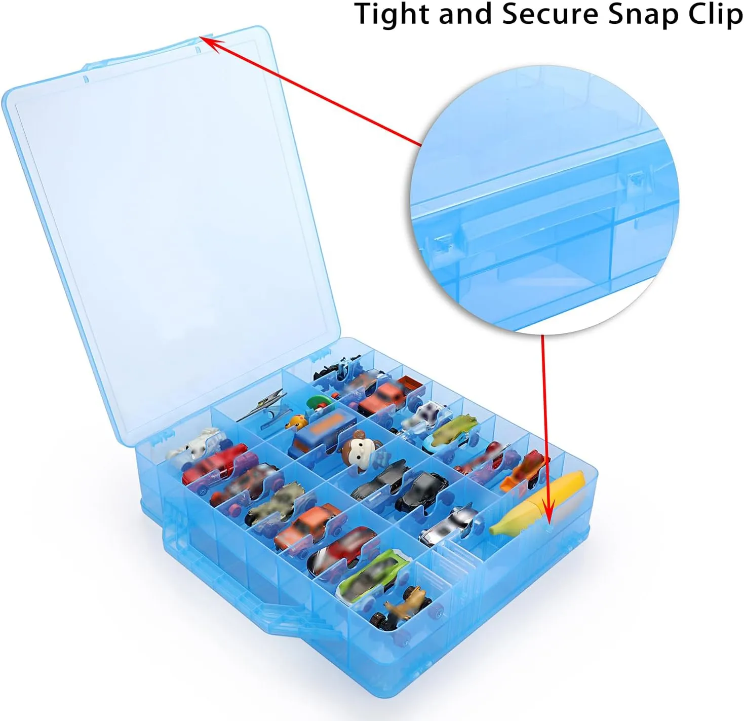 BTSKY Double Sided Toy Storage Organizer with 48 Compartments, Toy Organizer Carrying Case for Hot Wheels Car, Matchbox Cars, Mini Toys, Small Dolls, and more Mini Cars Collection(Blue)