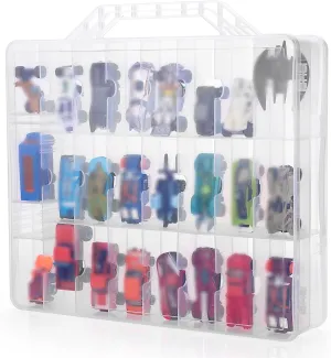 BTSKY Double Sided Toy Storage Organizer with 48 Compartments, Toy Organizer Carrying Case for Hot Wheels Car, Matchbox Cars, Mini Toys, Small Dolls, and more Mini Cars Collection(Clear)