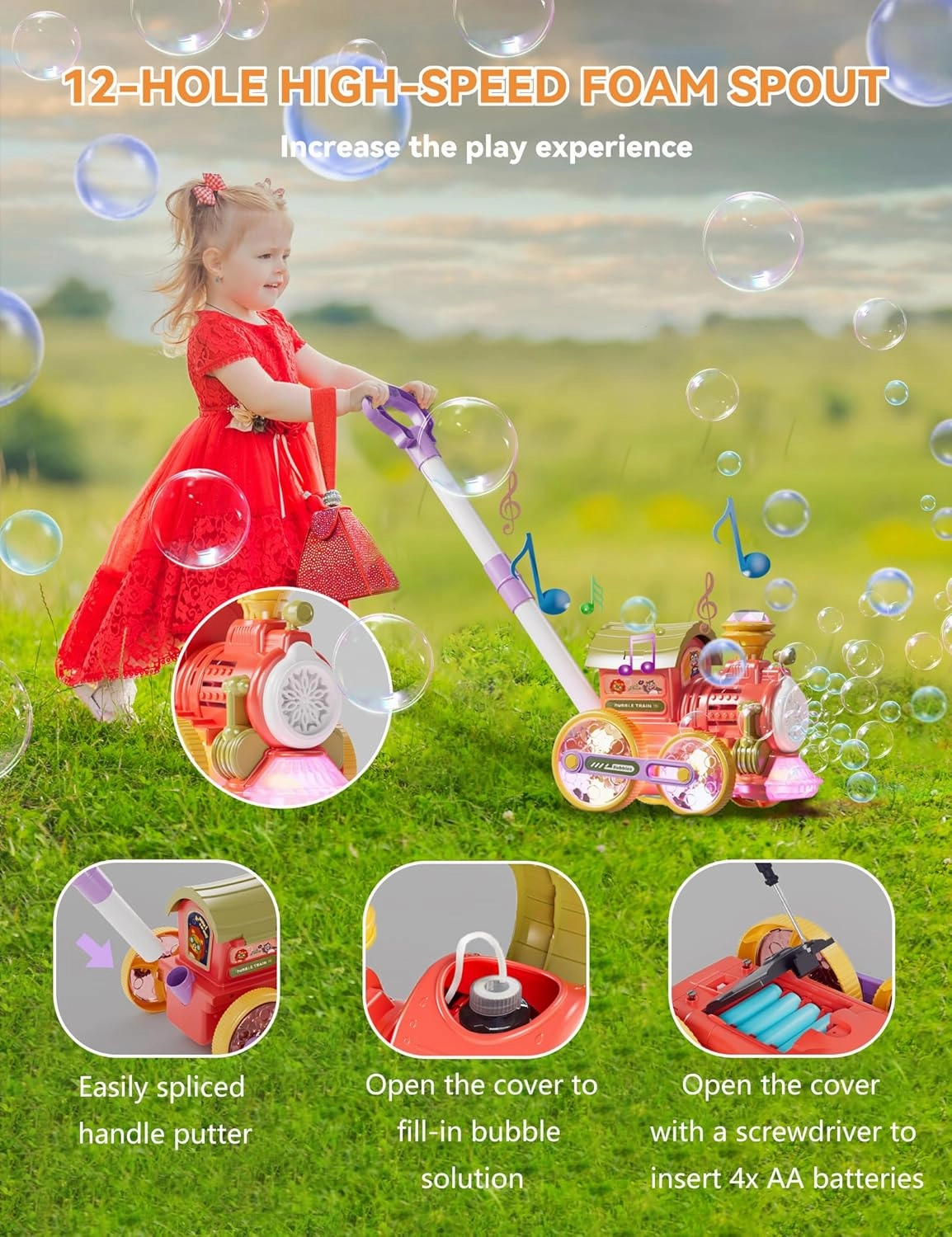 Bubble Machine,Bubble Blower Maker,Bubble Lawn Mower for Toddlers,Bubble Music Train with Light,Summer Outdoor Push Backyard Toys for 1-8 Ages,Christmas Birthday Gifts for Preschool Boys Girls (Red)
