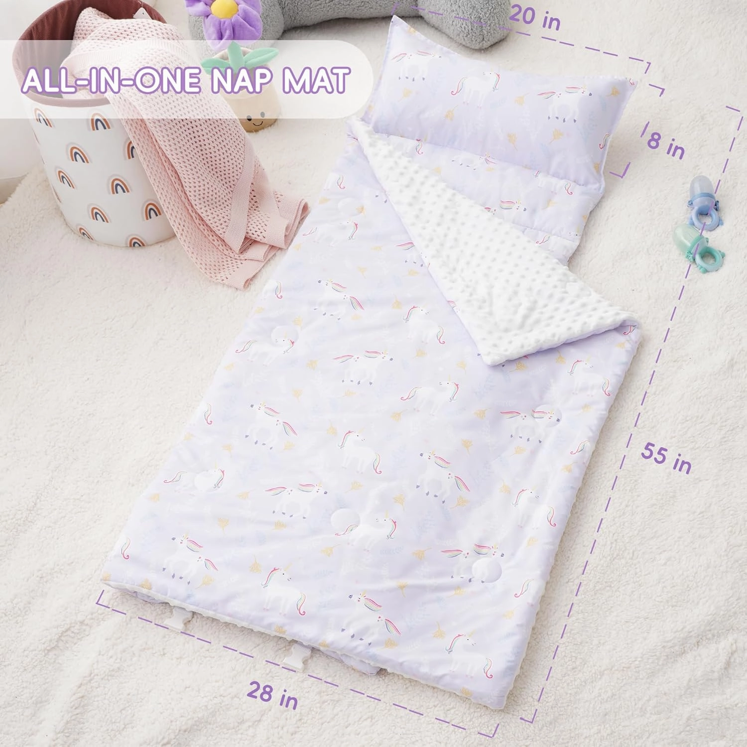 Bunnikins & Clover Toddler Nap Mat with Removable Pillow, Nap Mats for Preschool, Easy Clean Toddler Nap Pad for Kindergarten, Kids Sleeping Bag for Travel Camping
