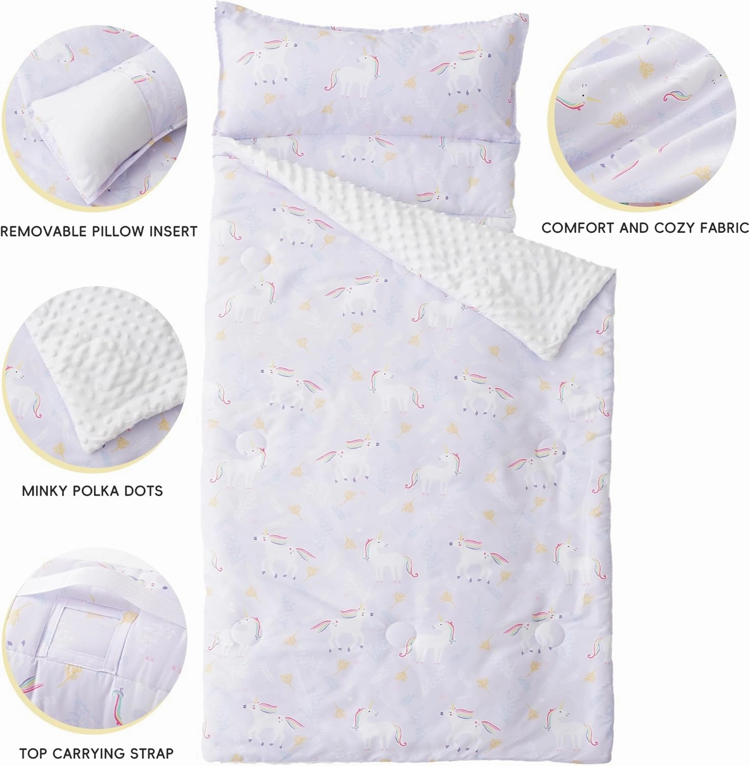 Bunnikins & Clover Toddler Nap Mat with Removable Pillow, Nap Mats for Preschool, Easy Clean Toddler Nap Pad for Kindergarten, Kids Sleeping Bag for Travel Camping