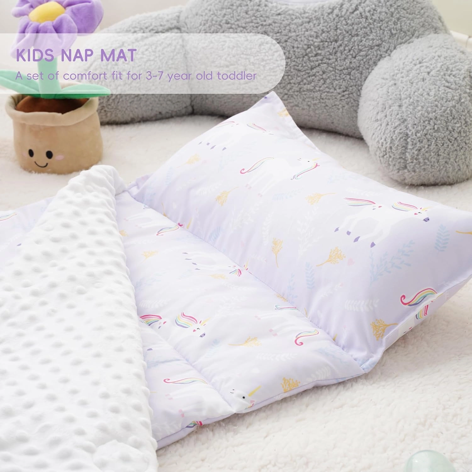 Bunnikins & Clover Toddler Nap Mat with Removable Pillow, Nap Mats for Preschool, Easy Clean Toddler Nap Pad for Kindergarten, Kids Sleeping Bag for Travel Camping