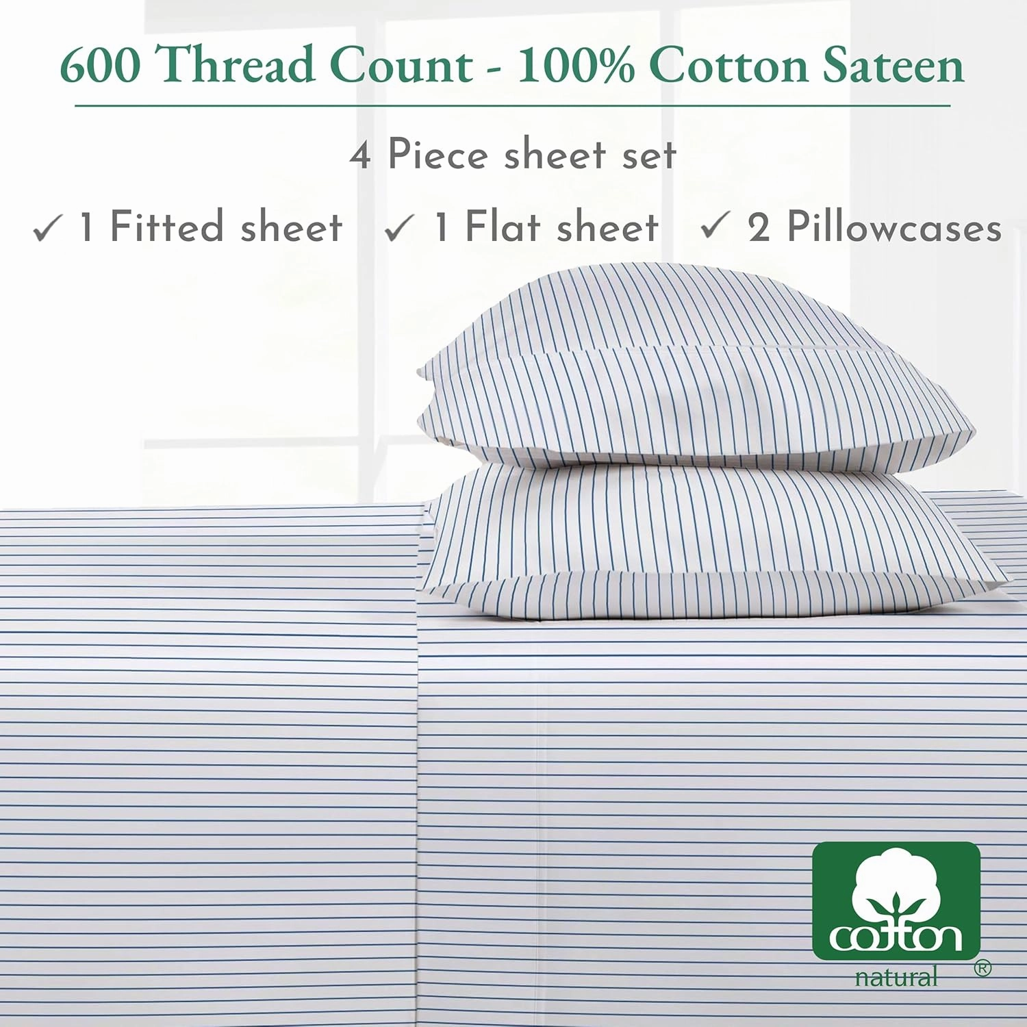 California Design Den Printed Striped Bed Sheets Full Size Set - Luxury 600 Thread Count, 100% Cotton Sateen, Hotel Quality Deep Pocket Full Sheet Set - Classic Blue Stripe Print