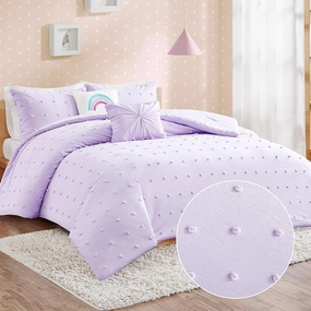 Callie Cotton Jacquard Weave Colorful Pom Pom Kids Comforter sets, Down Alternative Shabby Chic All Season Girls Bedding, Bedroom Decor, Twin/Twin XL, Lavender 4 Piece