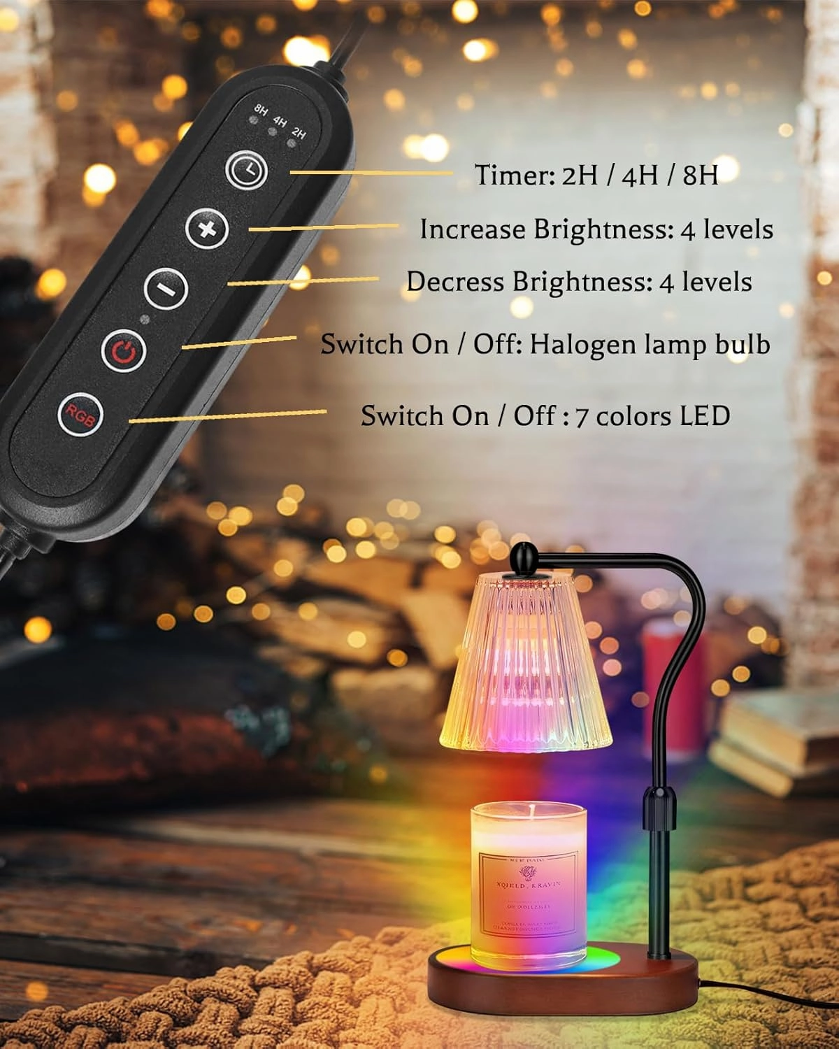 Candle Warmer Lamp with 7 LED Colors Lamp,Candle Warmer with Timer Dimmer Adjustable Height, for Women Mom,Birthday Gifts for Women Mom, Candle Lamp Warmer with 2 Bulbs