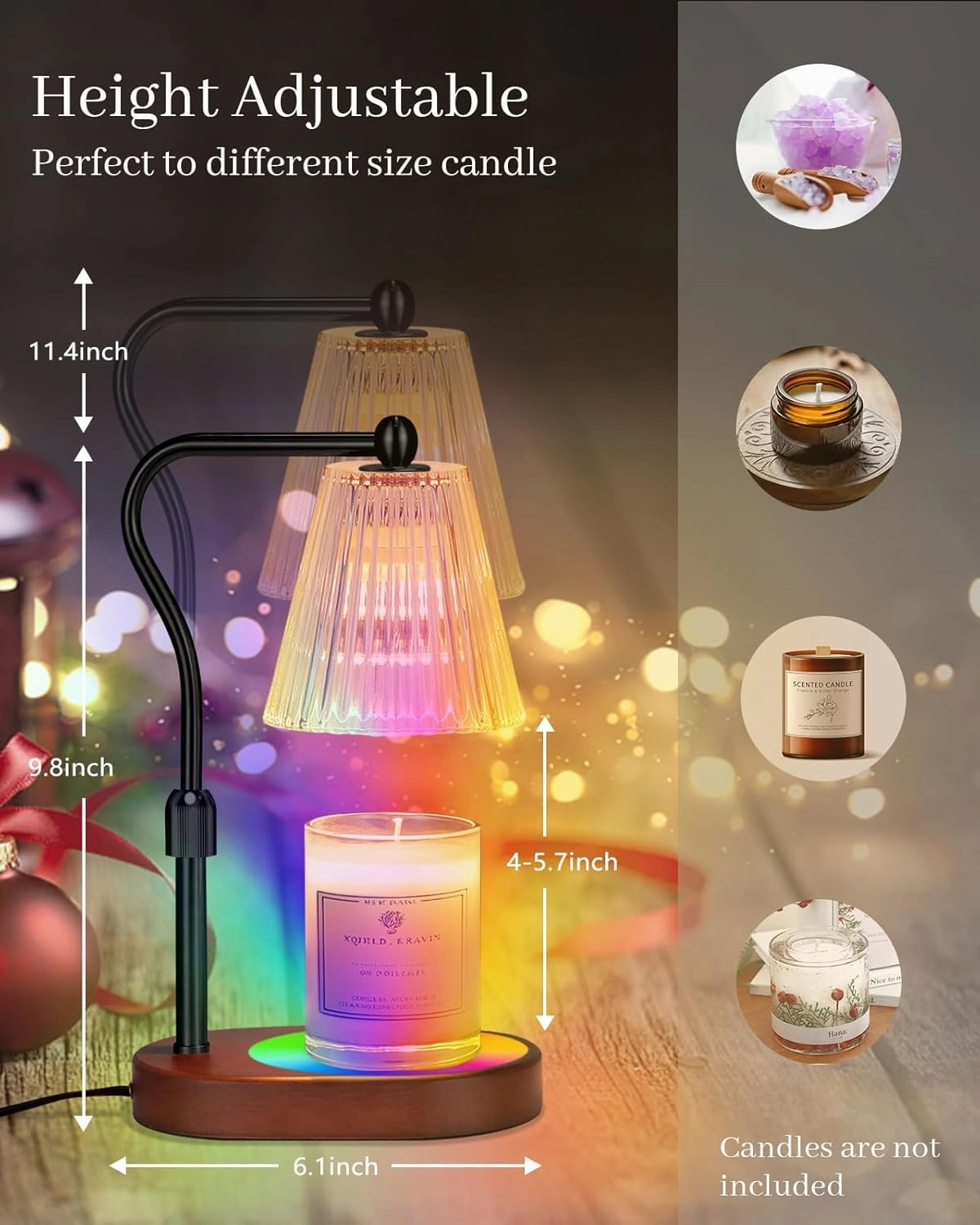 Candle Warmer Lamp with 7 LED Colors Lamp,Candle Warmer with Timer Dimmer Adjustable Height, for Women Mom,Birthday Gifts for Women Mom, Candle Lamp Warmer with 2 Bulbs