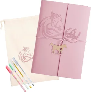 Cantik 7PCS Horse Journal Notebook 130 Sheets (260 Pages) With 4 Pens, Horse Charm, Muslin Cotton Pouch & Secret Pen Pocket. Refillable Journal Ideal For Writing, Drawing & Scrapbooking (Pink)