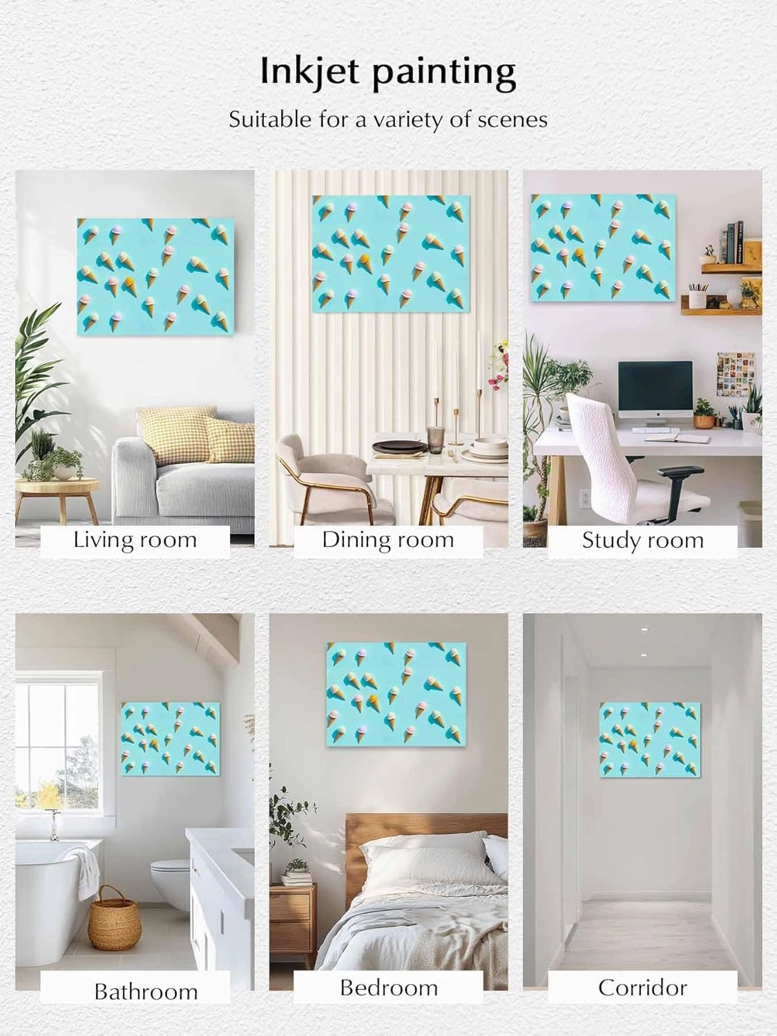 Canvas Wall Art - Summer Sweet Dessert on Mint Green Framed Wall Decor Canvas Painting Prints, Seamless Icy Cream Picture Oil Painting Artwork for Bedroom Living Room Office 36"x48"
