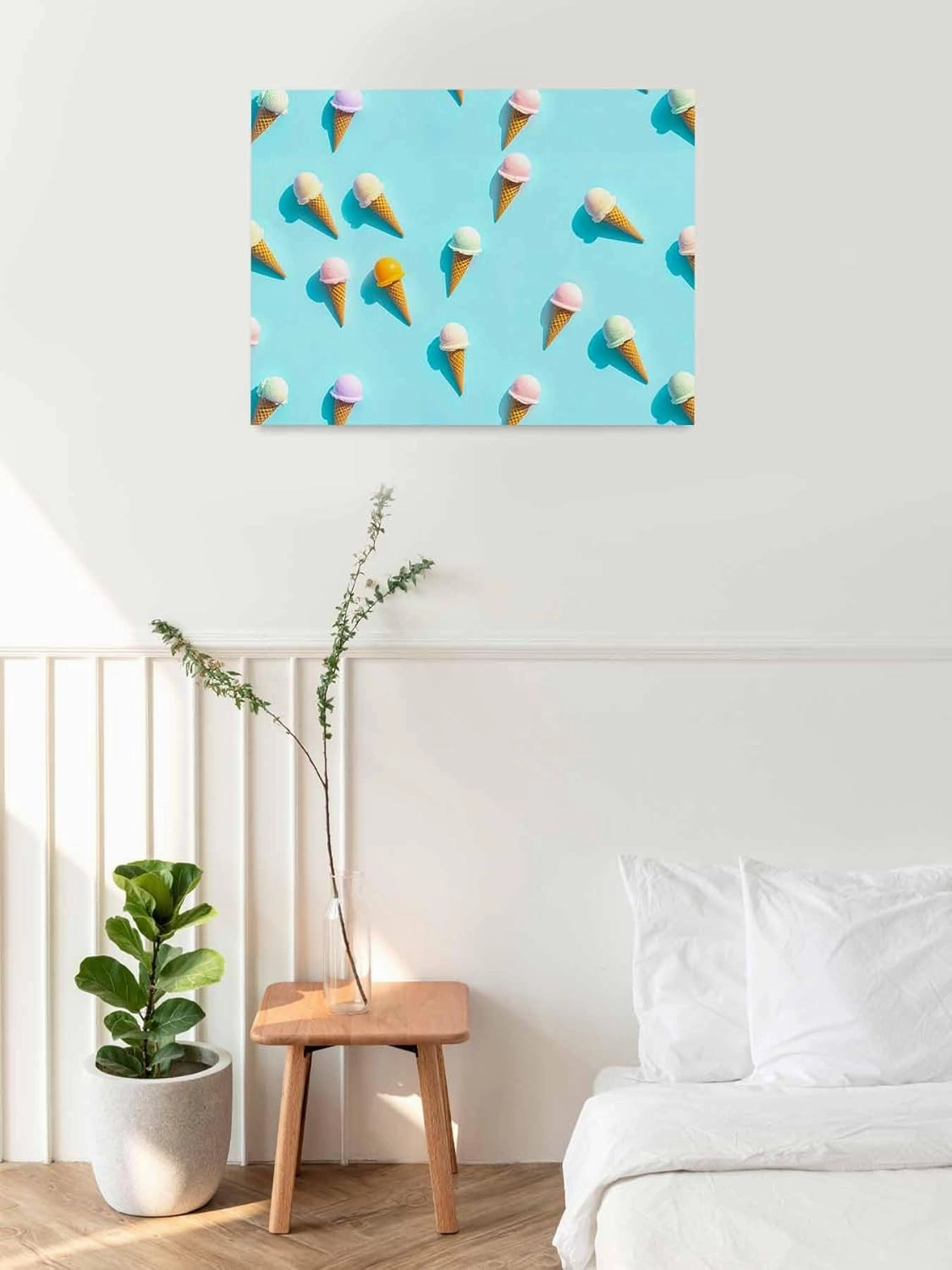 Canvas Wall Art - Summer Sweet Dessert on Mint Green Framed Wall Decor Canvas Painting Prints, Seamless Icy Cream Picture Oil Painting Artwork for Bedroom Living Room Office 36"x48"