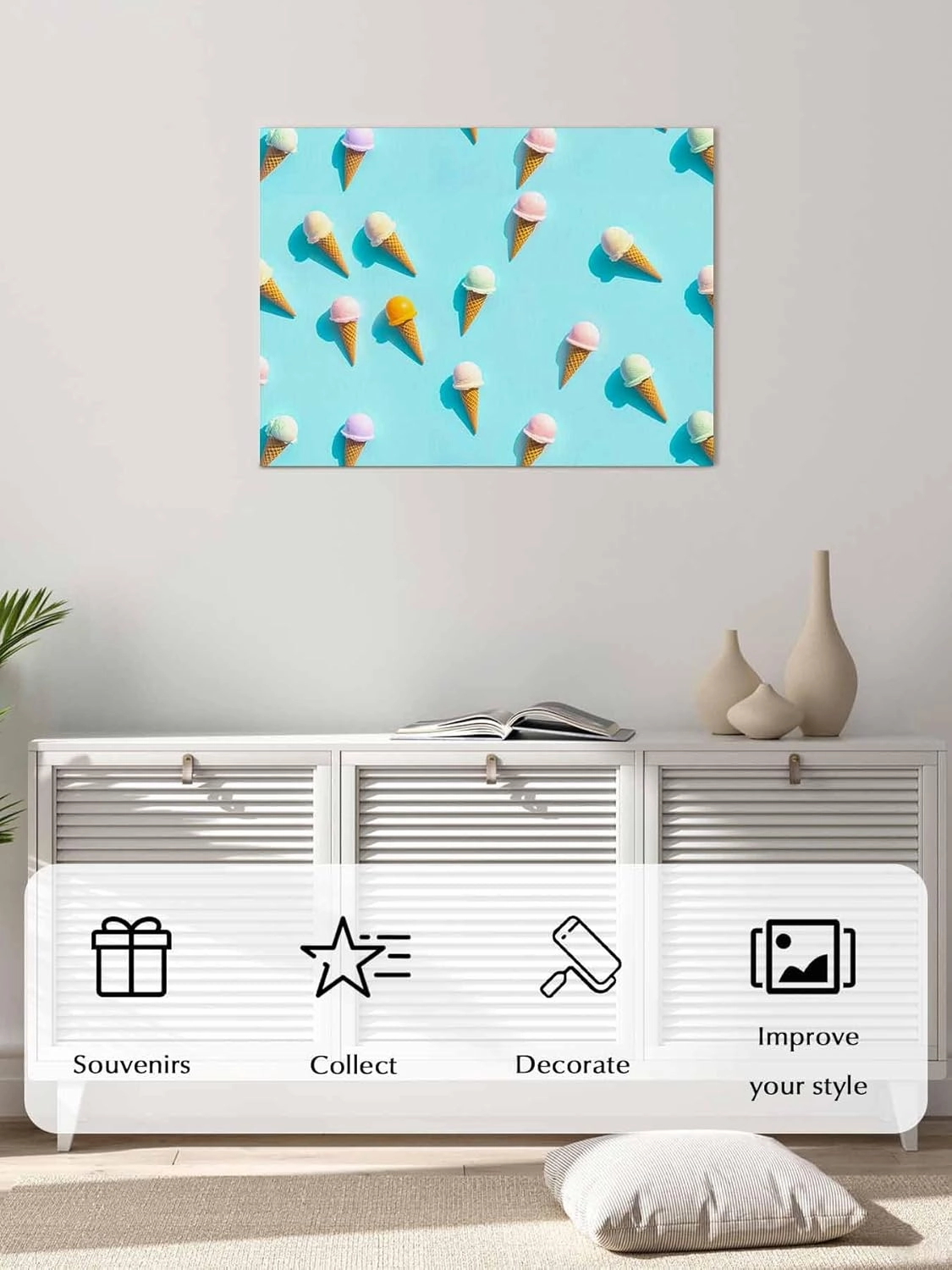 Canvas Wall Art - Summer Sweet Dessert on Mint Green Framed Wall Decor Canvas Painting Prints, Seamless Icy Cream Picture Oil Painting Artwork for Bedroom Living Room Office 36"x48"
