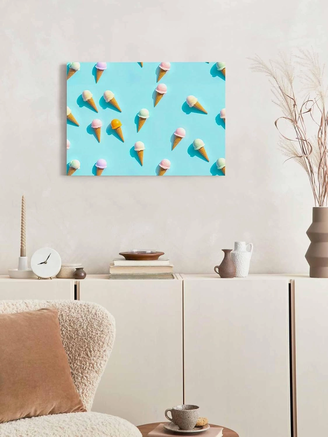 Canvas Wall Art - Summer Sweet Dessert on Mint Green Framed Wall Decor Canvas Painting Prints, Seamless Icy Cream Picture Oil Painting Artwork for Bedroom Living Room Office 36"x48"