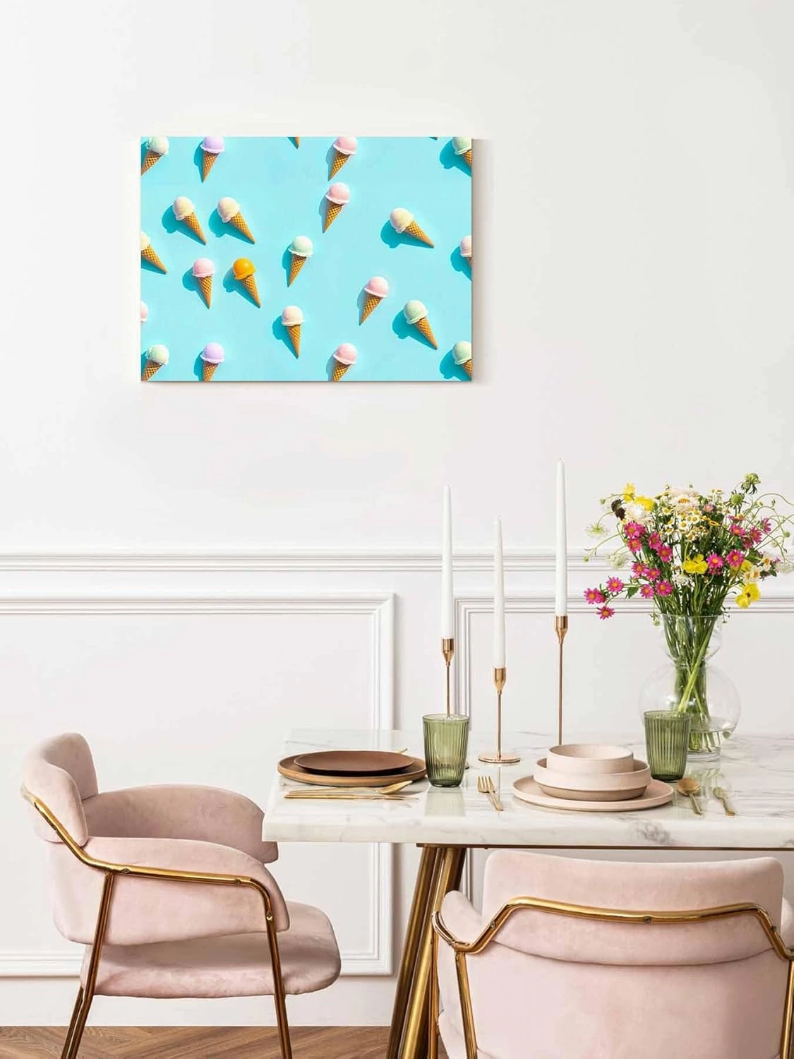 Canvas Wall Art - Summer Sweet Dessert on Mint Green Framed Wall Decor Canvas Painting Prints, Seamless Icy Cream Picture Oil Painting Artwork for Bedroom Living Room Office 36"x48"
