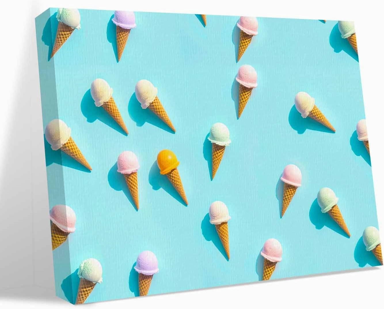 Canvas Wall Art - Summer Sweet Dessert on Mint Green Framed Wall Decor Canvas Painting Prints, Seamless Icy Cream Picture Oil Painting Artwork for Bedroom Living Room Office 36"x48"