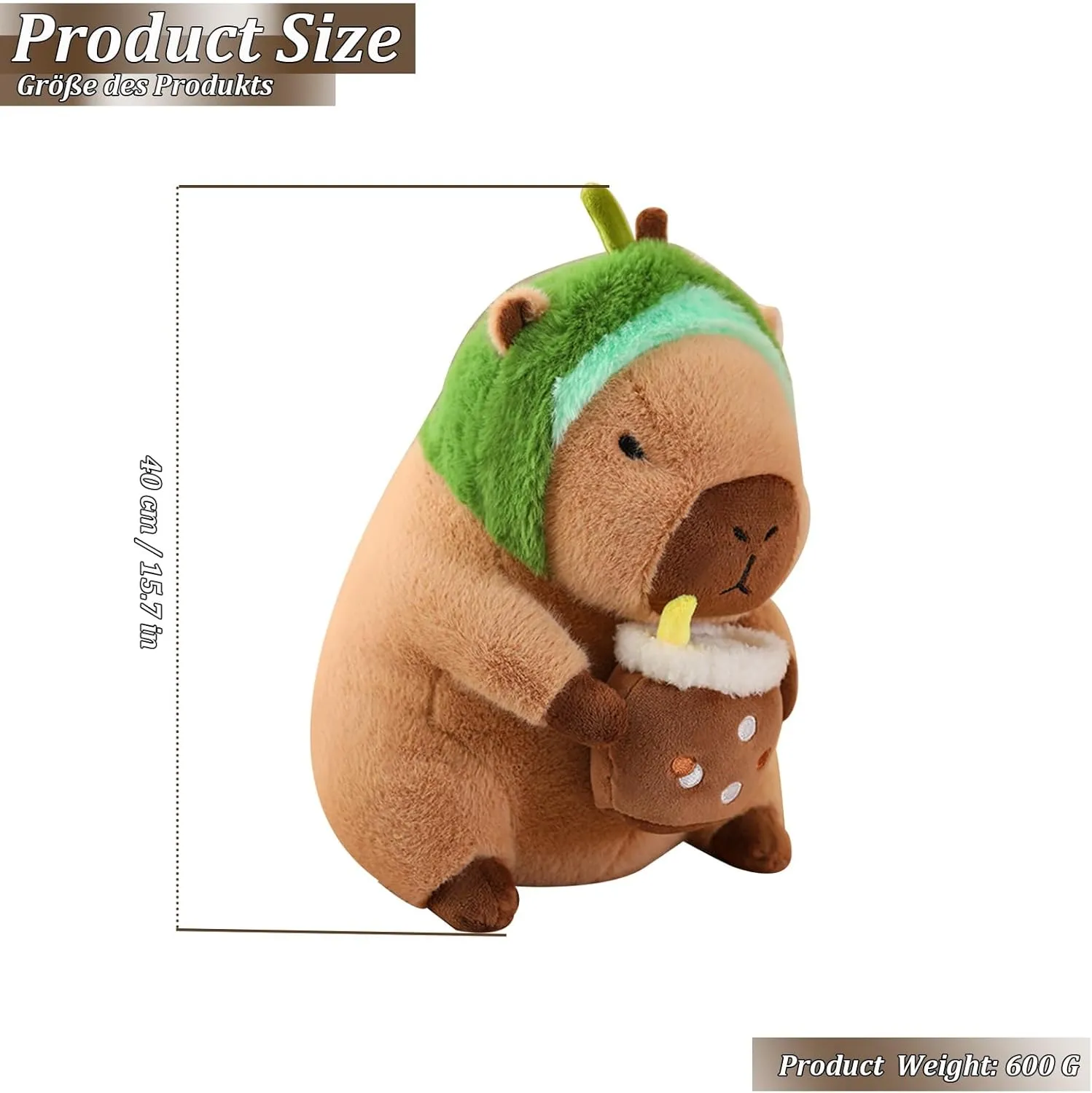 Capybara Plush Home Decor with Avocado Headscarf, Unique Capybara Stuffed Animals Statue, Soft Plush Toy for Kids, Girls, Boys (16 inch)