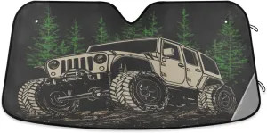 Car Windshield Sun Shade, Off-Road Car Green Forest Car Sun Shade for Front Windshield, Sunshade Sun Visor Protector Blocks UV Rays for Car SUV Truck 55" x 27.6"
