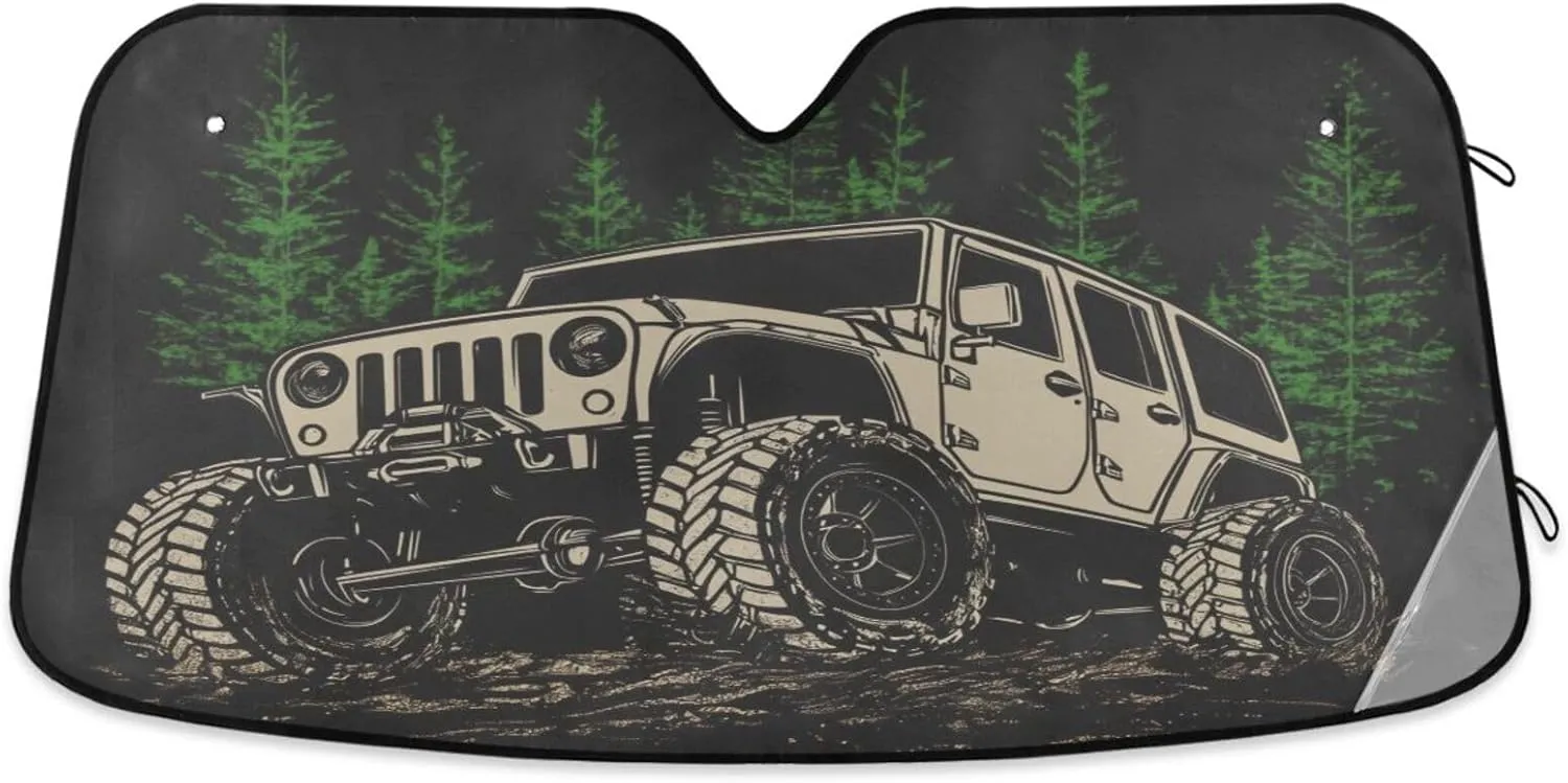 Car Windshield Sun Shade, Off-Road Car Green Forest Car Sun Shade for Front Windshield, Sunshade Sun Visor Protector Blocks UV Rays for Car SUV Truck 55" x 27.6"