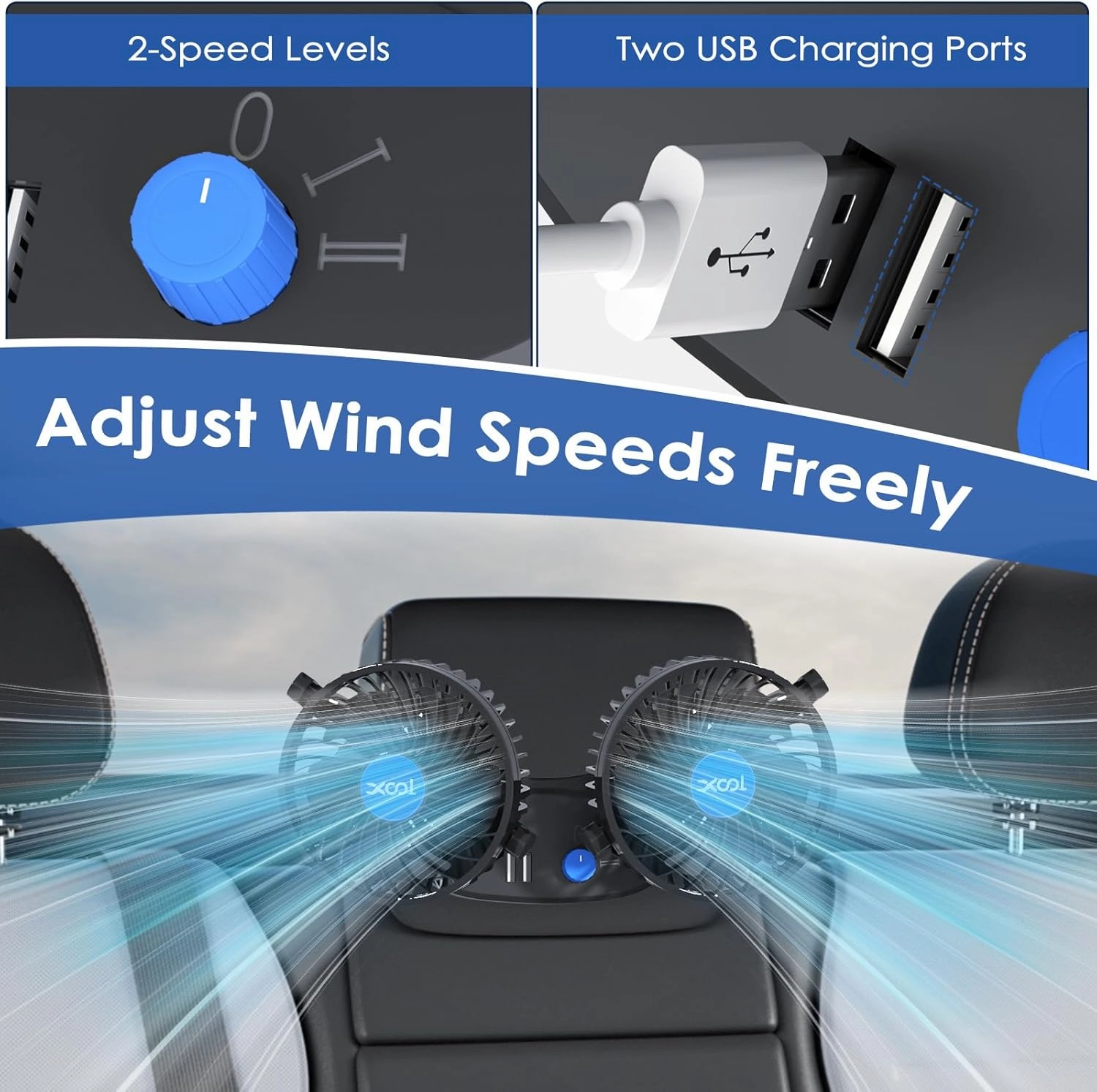 Car Fan, XOOL Electric Car Fans for Rear Seat Passenger Portable Car Seat Fan Headrest 360 Degree Rotatable Backseat Car Fan 12V Cooling Air Fan with 2 USB Charging Ports for SUV, RV, Vehicles