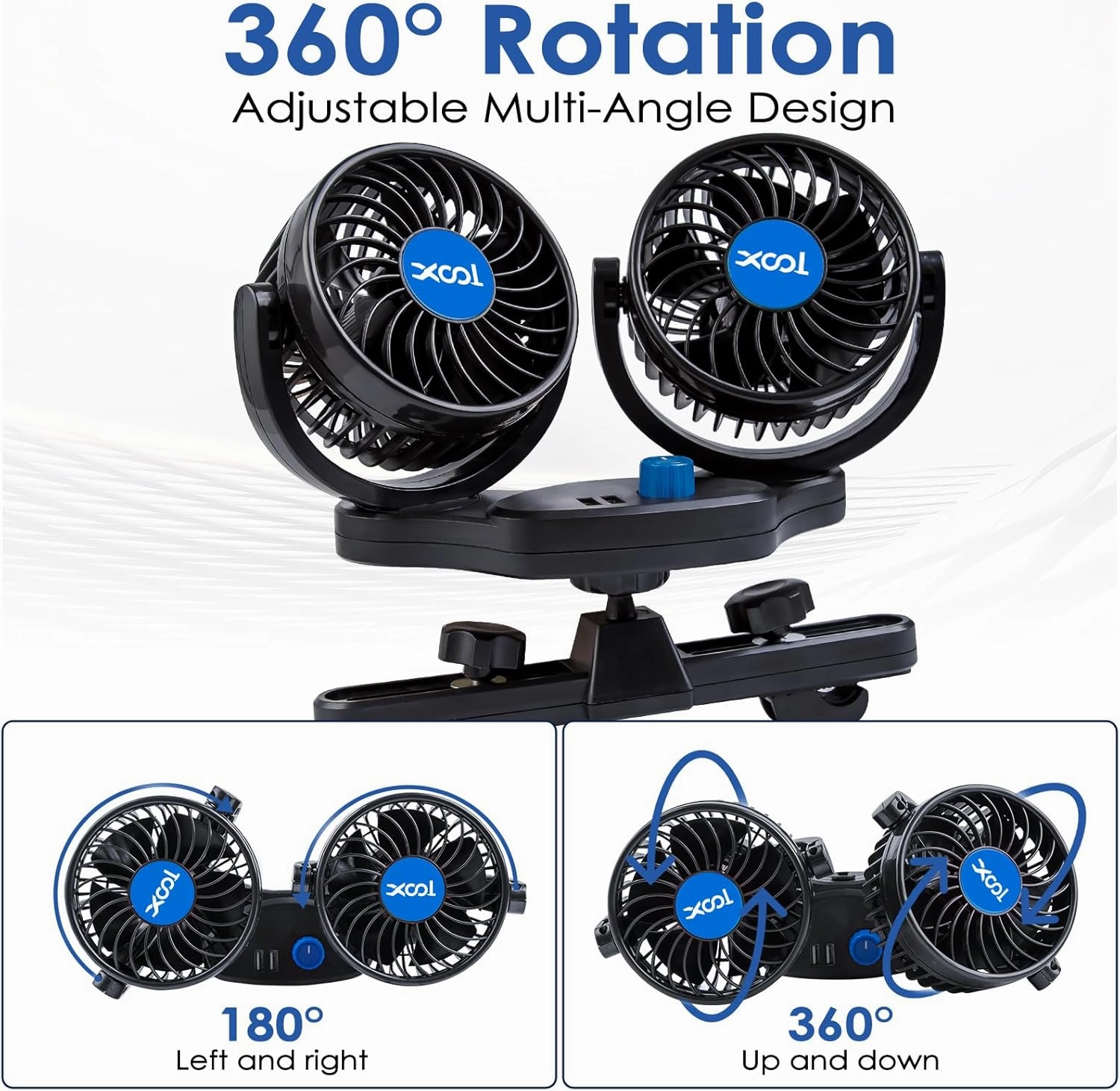 Car Fan, XOOL Electric Car Fans for Rear Seat Passenger Portable Car Seat Fan Headrest 360 Degree Rotatable Backseat Car Fan 12V Cooling Air Fan with 2 USB Charging Ports for SUV, RV, Vehicles