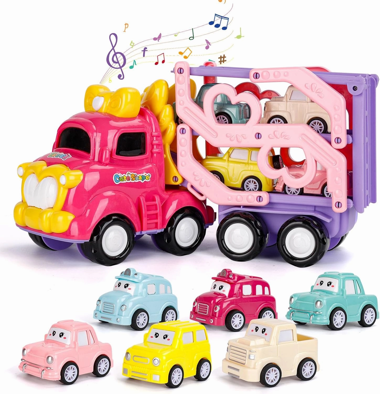 Car Toys for Toddler Girls 1, 2, 3  Year Old, 7-in-1 Carrier Truck Toy with Light & Music, 3-Layer Transport Truck for 1 2 3 Girls, Preschool Educational Toys for 1-3 Year Old Girl