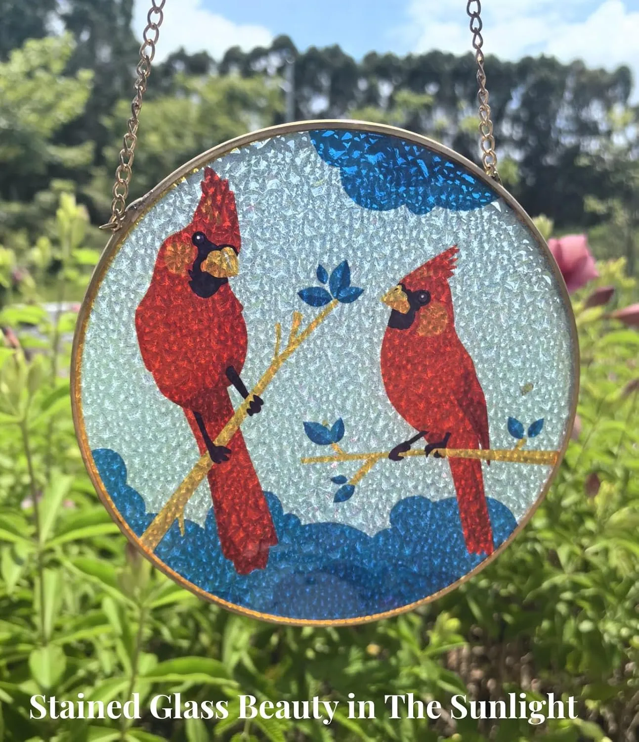 Cardinal Stained Glass Window Hanging - Hand Painted Garden Suncatcher With Red Cardinals - Gifts for Women and Bird Lovers (6''-1pc)