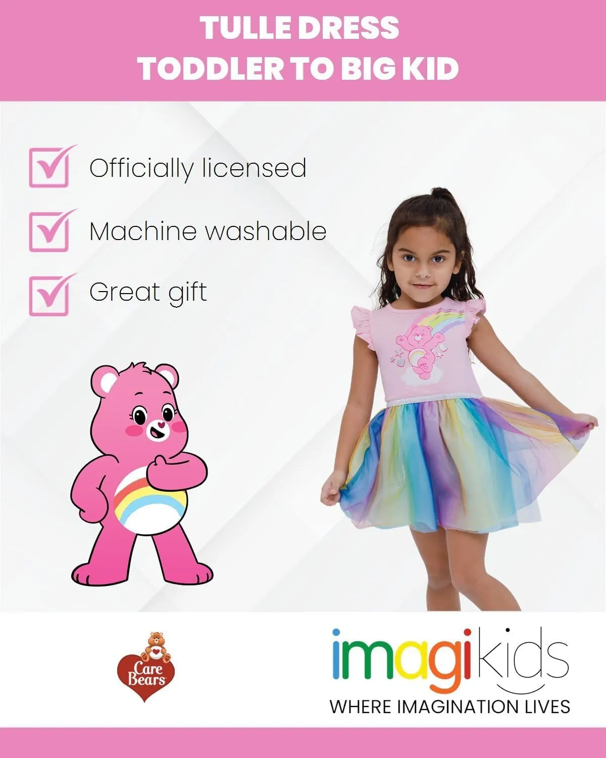 Care Bears Cheer Bear Rainbow Girls Tulle Dress Toddler to Big Kid