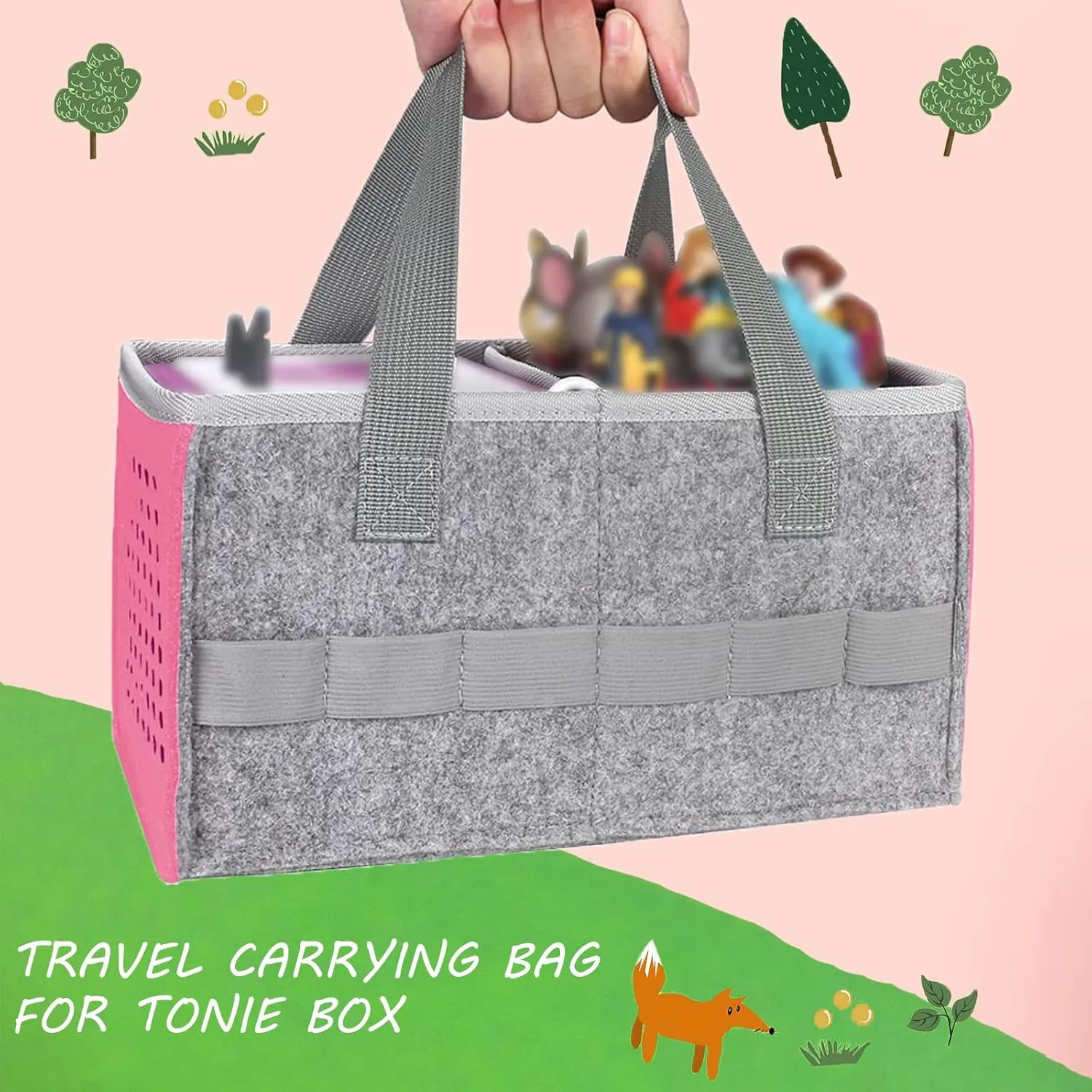 Carrying Case for Toniebox Audio Player Starter Set,Travel Felt Cloth Musical Toy Folding Hand Bag for Tonie Starter Set and Tonies Figures (Pink)