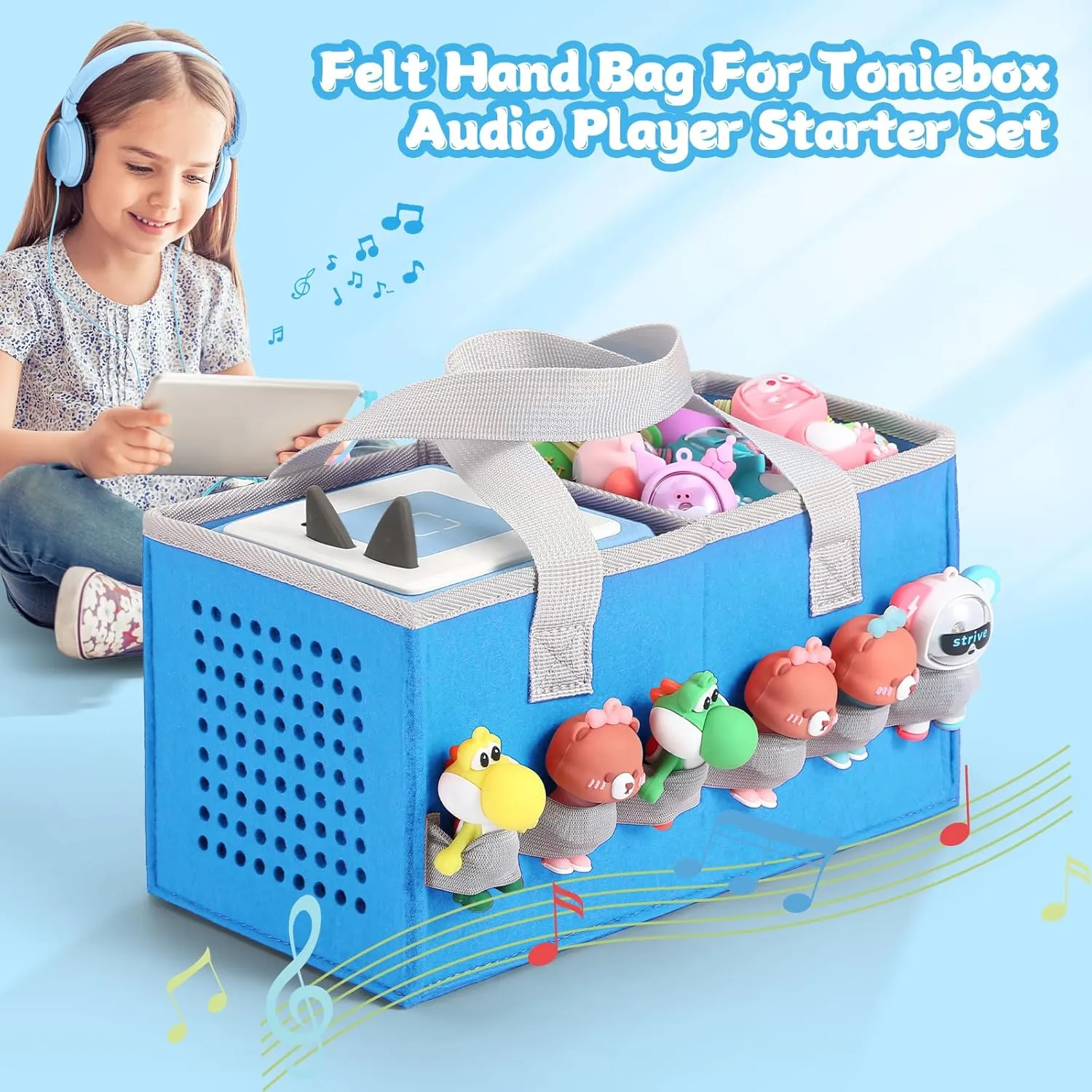 Carrying Case Travel Felt Bag Compatible with Toniebox Starter Set and Tonies Figurine (Blue)