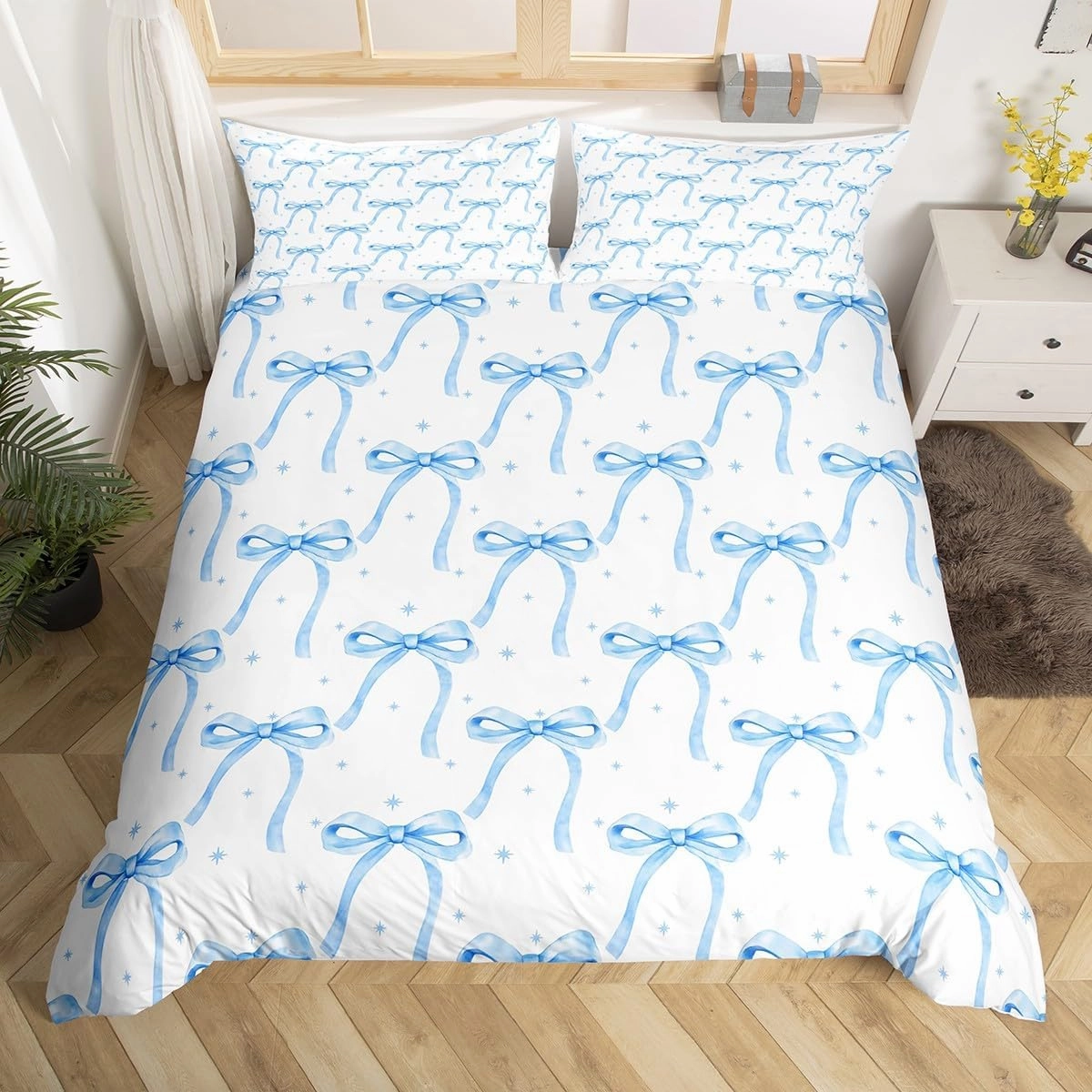 Cartoon Bowknot Girls Duvet Cover Set Queen Size Kids Bow Tie Princess Bedding Sets 3Pcs for Child Girly Woman Room Decor, Butterfly Knot Comforter Cover with 2 Pillowcases (No Comforter) Blue