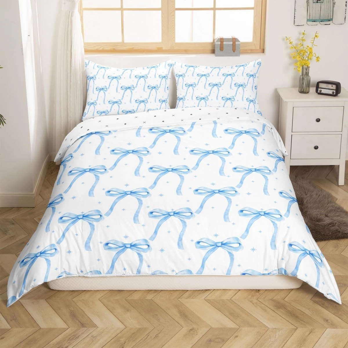 Cartoon Bowknot Girls Duvet Cover Set Queen Size Kids Bow Tie Princess Bedding Sets 3Pcs for Child Girly Woman Room Decor, Butterfly Knot Comforter Cover with 2 Pillowcases (No Comforter) Blue