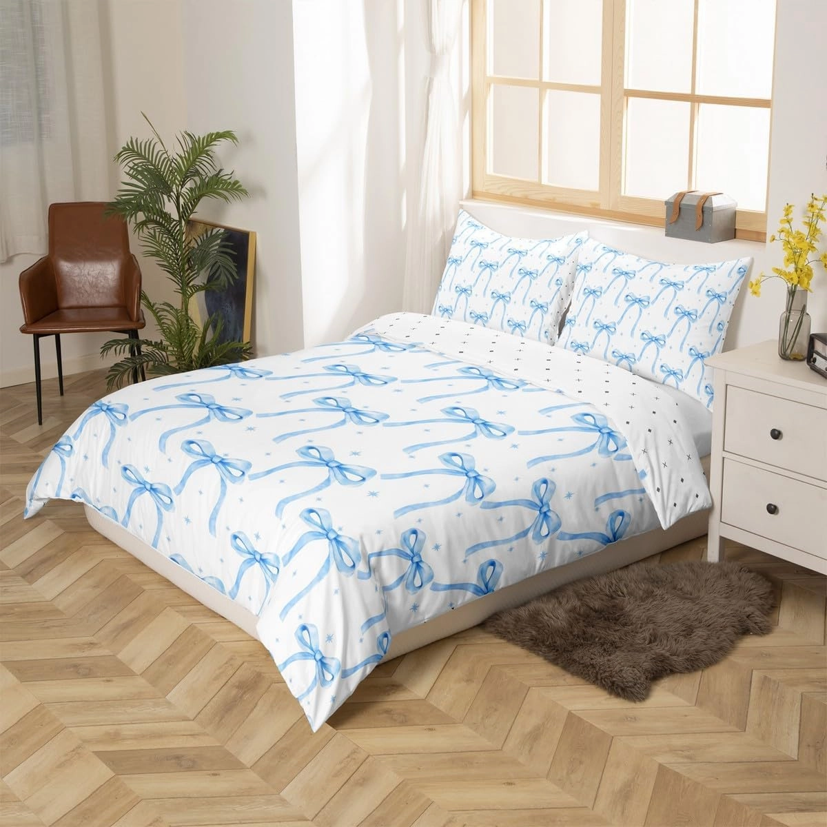 Cartoon Bowknot Girls Duvet Cover Set Queen Size Kids Bow Tie Princess Bedding Sets 3Pcs for Child Girly Woman Room Decor, Butterfly Knot Comforter Cover with 2 Pillowcases (No Comforter) Blue