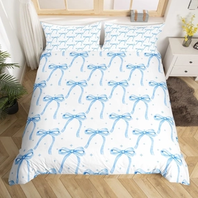 Cartoon Bowknot Girls Duvet Cover Set Queen Size Kids Bow Tie Princess Bedding Sets 3Pcs for Child Girly Woman Room Decor, Butterfly Knot Comforter Cover with 2 Pillowcases (No Comforter) Blue