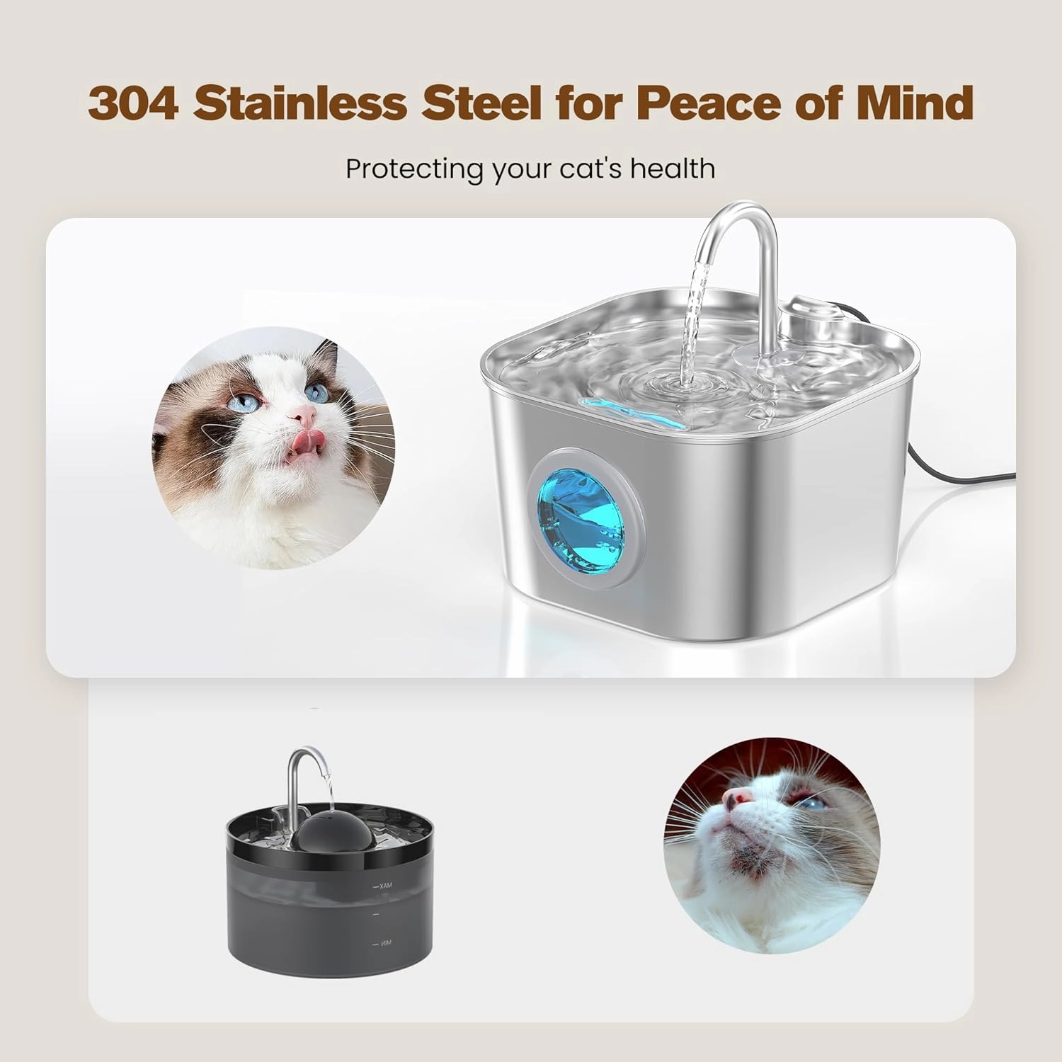 Cat Water Fountain Stainless Steel: Pet Fountains for Cats/Dog Indoor Automatic Waterer Bowls for Drinking Small Animal Water Dispenser Metal Pets Watering Faucet Bottle Auto Kitty Watering Supplies
